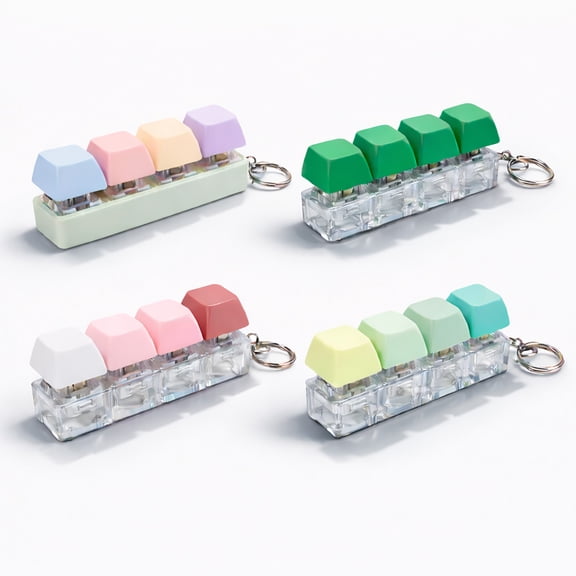 4 Pack Clicky Key Press Fidget Keychains, Mini 4-Key Keyboard Keycap Keychain Set, Assorted Colors, Clip-On Bag & Keys