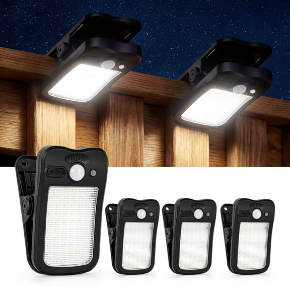 4 Pack Clip On Solar Lights Outdoor 60 LED 500LM Motion Sensor Clamp Light USB Solar Powered Waterproof Security Lights for Fence Gutter Deck Camping
