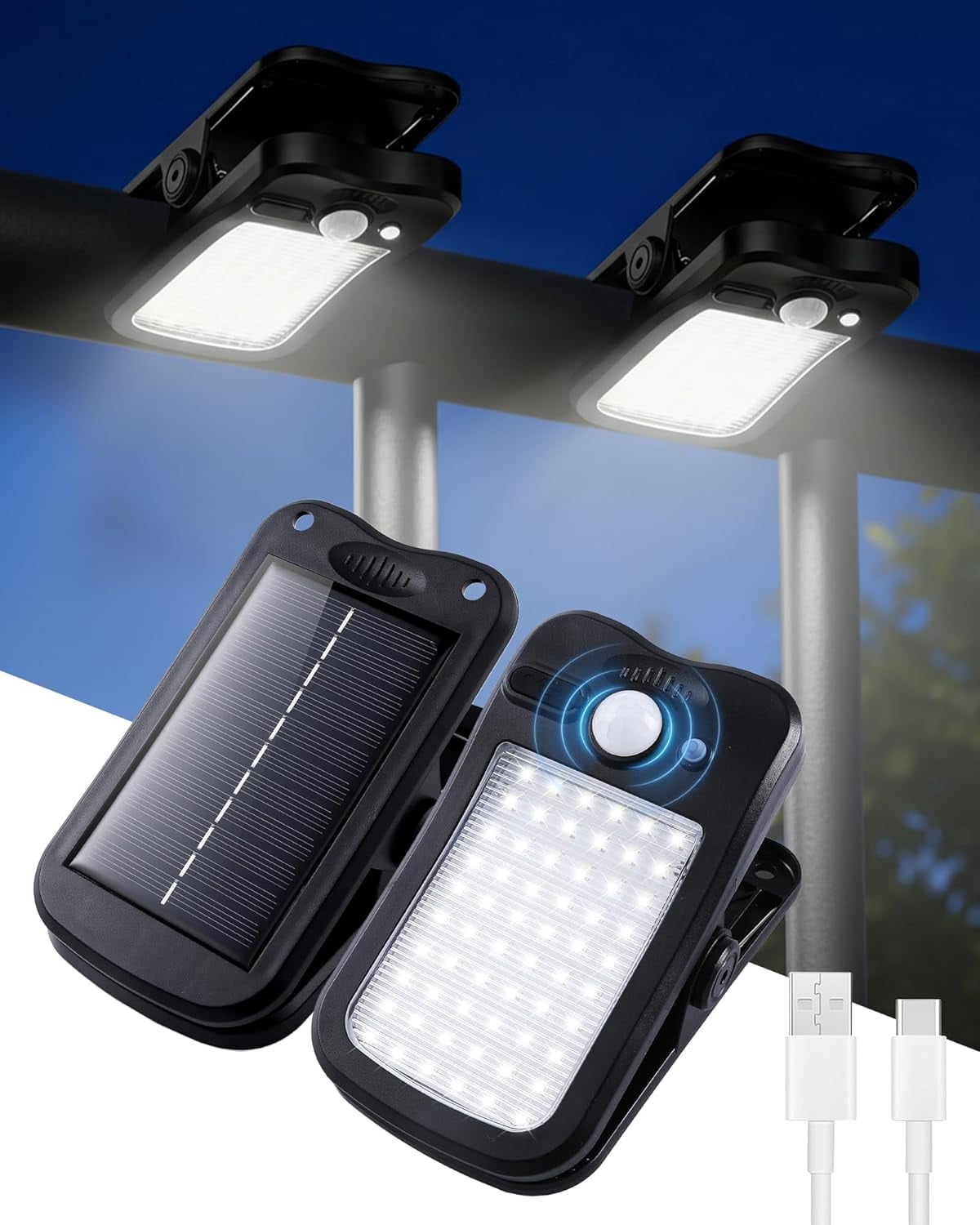4 Pack Clip On Solar Fence Lights Outdoor Waterproof, Security Motion Sensor Lights with 3 Light Modes for Fence, Wall, Garage, Garden, Yard, Patio Umbrella