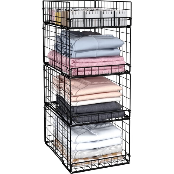 4 Pack Closet Organizers and Storage Shelves for Clothes, 4 Tier Stackable Closet Storage Basket Bin Container for Clothing Sweater Jean, Narrow, Foldable, Sturdy Metal System Organizer Shelf