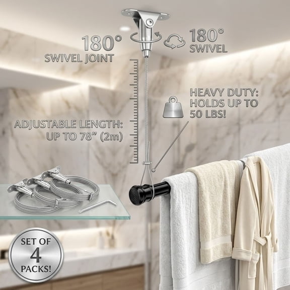 4 Pack Curtain Rod Ceiling Mount Brackets, 78" Adjustable Cable Holds 50 LBS, Heavy Duty Stainless Steel Ceiling Shower Curtain Support
