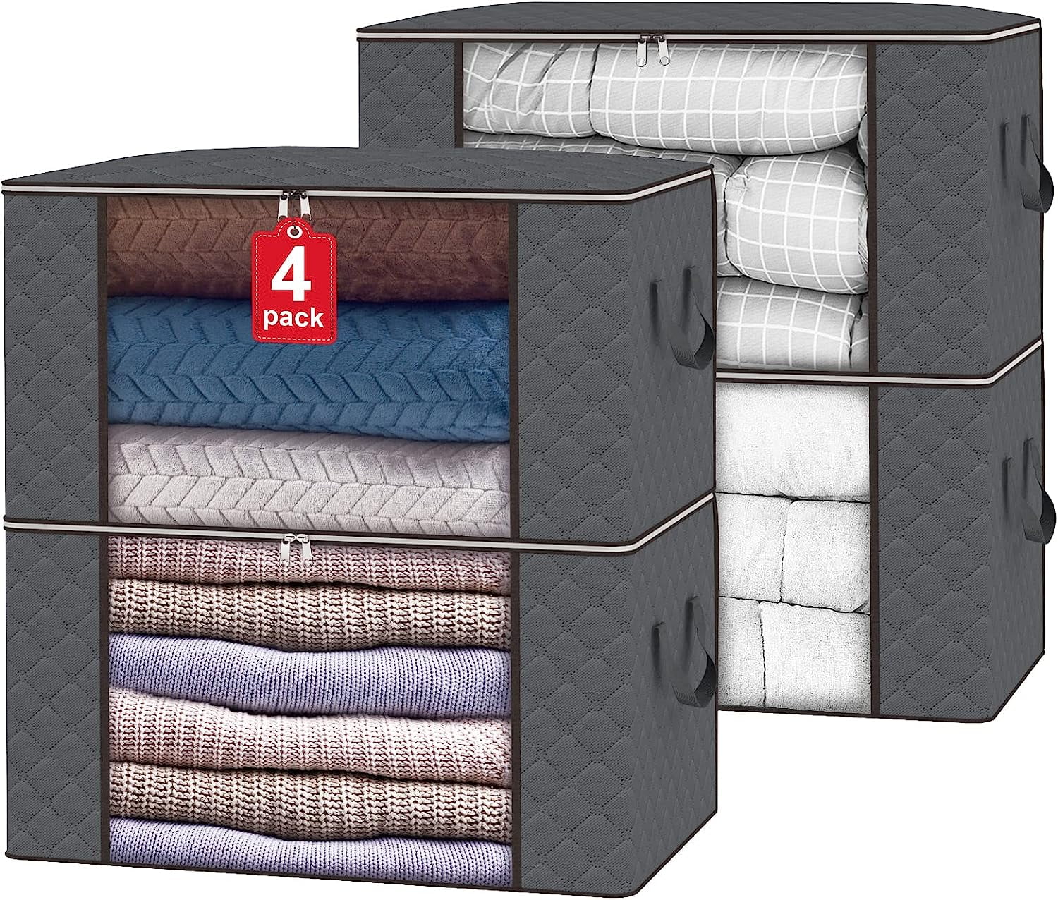 Tomnk woo 4 Pack Closet Storage Bags, Foldable Organizers for Bedroom, Clothing, Blankets, and Comforters