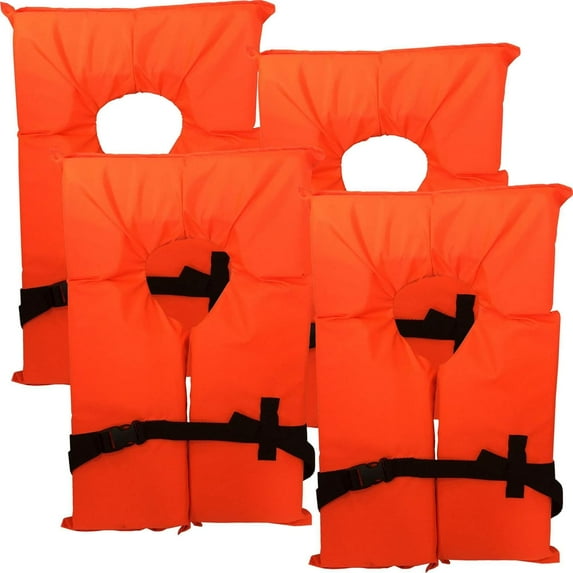 4 Pack Coast Guard Approved Life Jackets for Adults. High Visibility Color Type II Keyhole Life Vest in Classic May West Style. Compliance Flotation Device