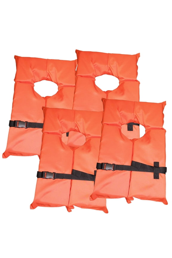 4 Pack Coast Guard approved life jackets for adults. High visibility color Type II keyhole life vest in classic May West style. Compliance flotation device