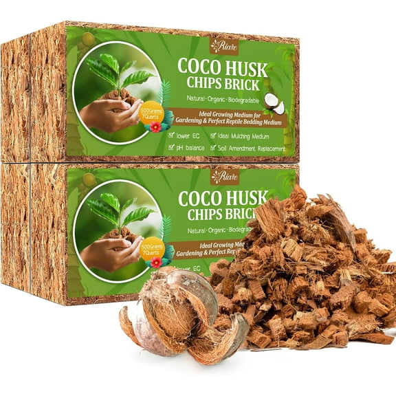 4 Pack Coco Chips Substrate for Plants- 4.4lb 100% Organic Coconut Husk Brick with Low EC and pH Balanced, High Expansion Coconut Substrate Coco Husk Mulch for Garden Flowers, Herbs, Planting