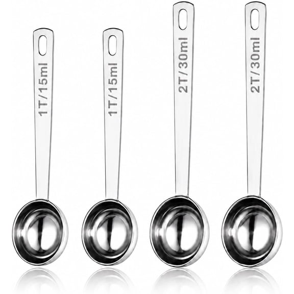 4 Pack Coffee Scoop Spoons Set, 1 Tbsp (15ml) & 2 Tbsp (30ml) Stainless Steel Measuring Spoons with Long Handle, Polished Round Scoops for Ground Coffee, , Protein  and Spices