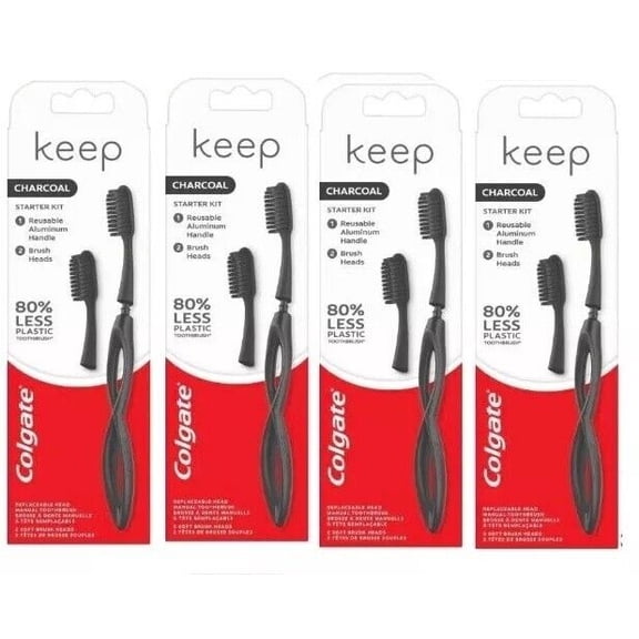 Colgate KEEP Toothbrush Starter Kit Manual Toothbrush with 4 Aluminum Handles, 8 Refill Brush Heads, Black, 4 Pack