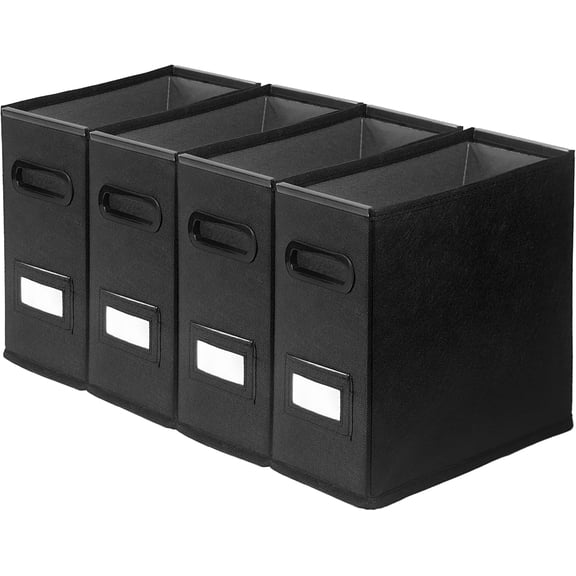 4 Pack Collapsible File Storage Box for Letter Size Documents, Portable File Organizer Box with Plastic Rails and Reinforced Cardboard, Desktop and Home Office Organization, Black