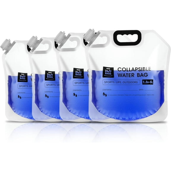 4-Pack Collapsible Water Container Bag, 1.3 Gallon/5 Liter, Heavy Duty with Carry Handles