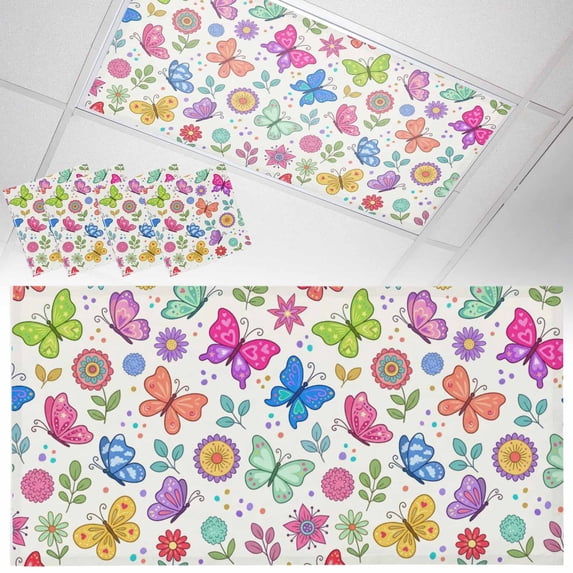 4 Pack Color Butterflies Fluorescent Light Covers for Ceiling Lights Cartoon Flower Green Blue Leaf Dot Magnetic Ceiling Light Covers Overhead Light Filters for Office Classroom Home