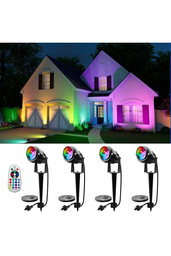 4 Pack RGB Landscape 12W Spotlights for Outdoor & Indoor Decoration Waterproof 120V Wired Color Changing Spot Light with Remote for Garden, Tree, Yard