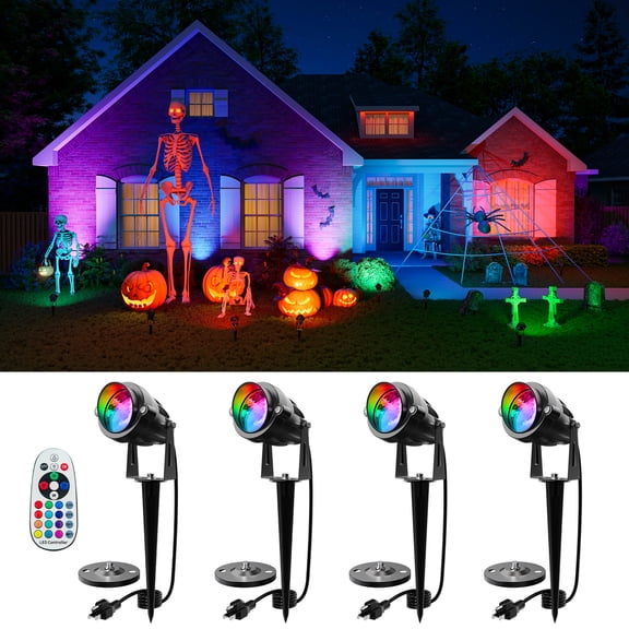Yinghao 4 pack 120V Color Change Spotlights for Halloween Decor with Remote Waterproof Plug-in Multicolor Landscape Spot Light for Yard, Garden, Ghost