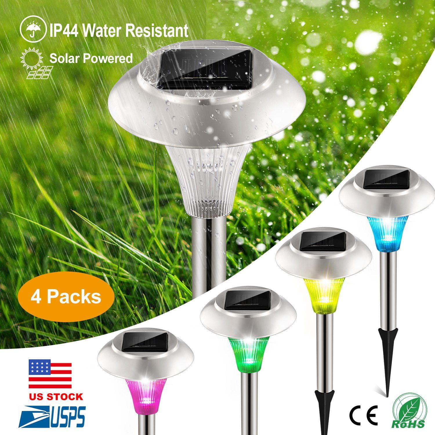 4-Pack Color Changing Solar Garden Lights, Stainless Steel & PC Plastic, IP44 Waterproof, 8Hr Charge 10Hr Work, Pathway Decor for Garden Lawn