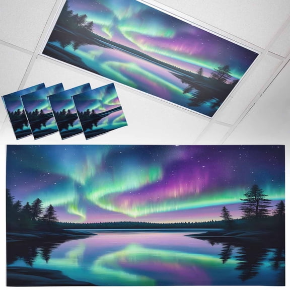 4 Pack Colorful Aurora Fluorescent Light Covers for Ceiling Lights Starry Sky Lake Nature Forest Modern Art Magnetic Ceiling Light Covers Overhead Light Filters for Office Classroom Home