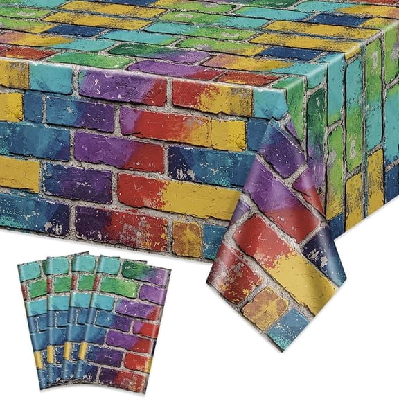 4 Pack Colorful Brick Tablecloths 51 x 86 Inches Retro Graffiti Brick Wall Covers for 80s 90s Hip Hop Disco Party