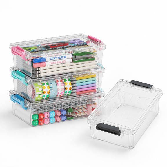 4 Pack Colorful Extra Large Plastic Pencil Box Art Supply Storage Organizer