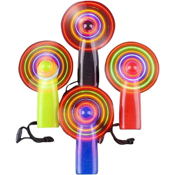 4 Pack- Colorful LED Spinning Fan Wand Necklace (4") Red, Yellow, Black, Blue. Batteries Included. Party Favor, DJ Promo Dance Floor