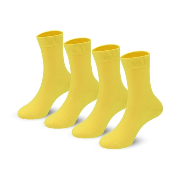 4-Pack Combed Cotton Kids Casual Socks Cool Crew Fashion Neon & Solid Colors Dress Socks Elastic Fit for Girls Boys (7-11 Years, Yellow)