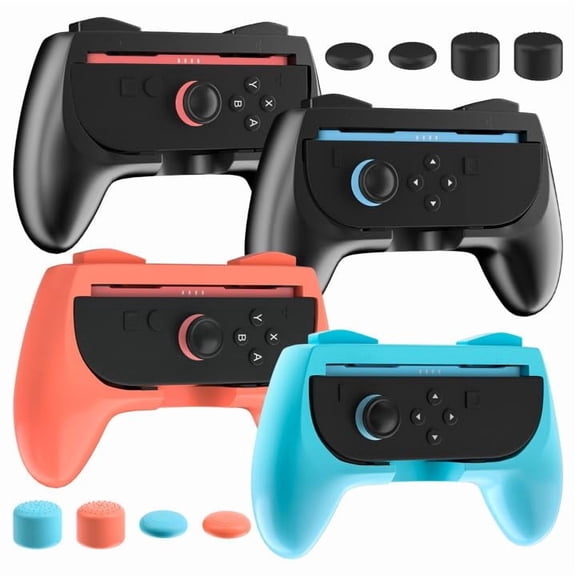 [4 Pack] Comfort Hand Grips for Switch 2 Controllers, Ergonomic Grips Compatible with Switch 2 joycons, Anti Slip and Wear-Resistant, 8 Thumb Caps - Black x2+Blue+Orange