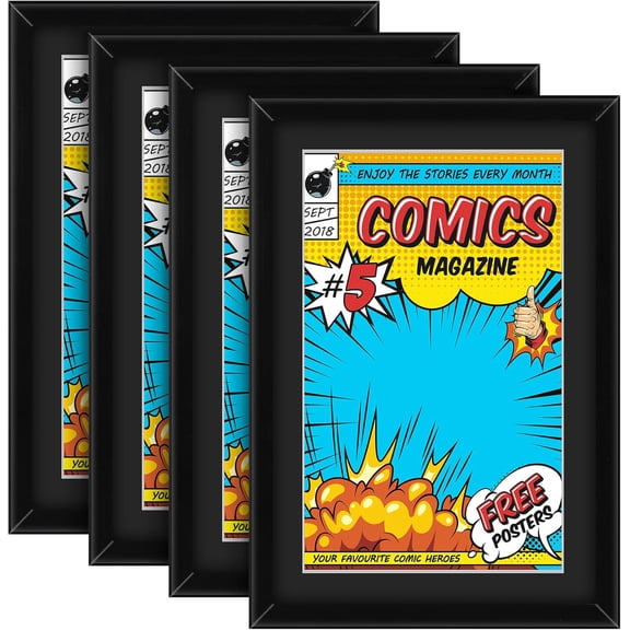 4 Pack Comic Book Frame for Wall, UV Protection Comic Picture Magazine Frames Fits Current up to 6 3/4 x 10 1/4, Wall or Tabletop Display with Spring Clips Installed Hangers(Black Mat)