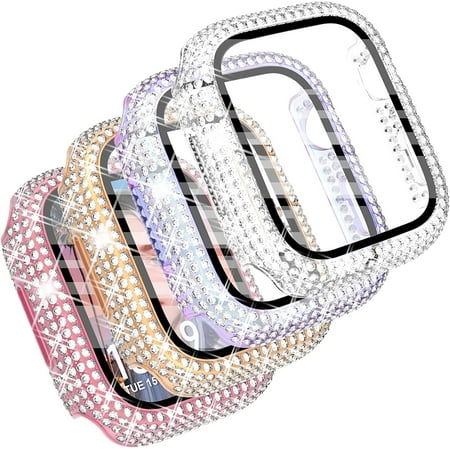 4-Pack Compatible with Apple Watch Case 44mm Protective Bumper with Screen Protector, 200 Crystal Diamond Bling Cases Cover for Apple Watch SE Series 6 5 4, Rose Gold/Pink/Rainbow/Clear, 44mm