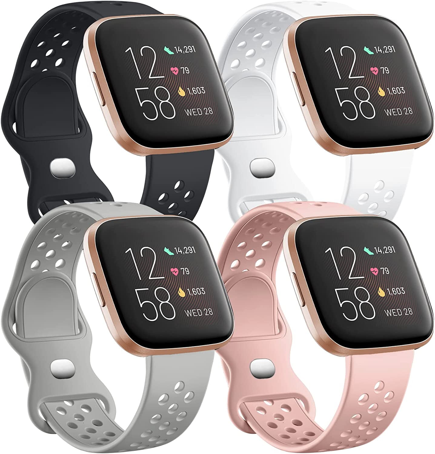 4 Pack Compatible with Fitbit Versa/Versa Lite/Versa 2 Band, Breathable Replacement Wristbands Soft Silicone Sport Bands for Versa 2 Smart Watch for Women Men, Small, Black/White/Gray/Pink