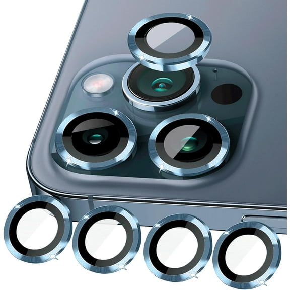 (4-Pack Compatible with iphone 15 Pro / 15 Pro Max Camera Lens Protector Metal, 15 Pro Camera Cover Ring, 15 Pro Max Camera Protector Clear Tempered Glass 9H, Case Friendly, (Blue)