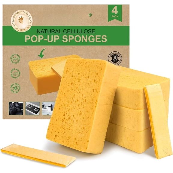 4 Pack Compostable Thicker Pop-Up Sponges - Expanding, Non-Scratch, -Based Dish Cellulose Sponges Wash Sponge