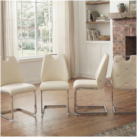 4 Pack Contemporary Dining Room Chairs, Off-White PU Leather with Metal Back Ring and Handle, Upholstered High Back Seating Set