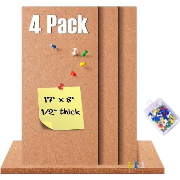4 Pack Cork Bulletin Board 17"x8" - 1/2" Thick Cork Board Tiles,Self-Adhesive Frameless Cork Tiles Wall Decor for DIY, Office, School and Home Decor