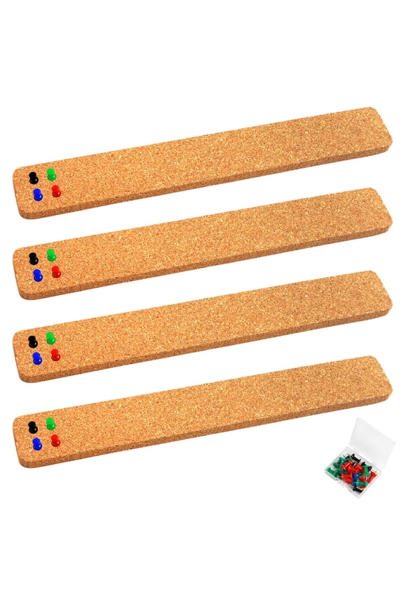 4 Pack Cork Strips Cork Board Bulletin Bar Strip 15 x 2 - 1/2 Thick, Natural Cork Frameless with Strong Self-Adhesive Backing & 20 Push Pins