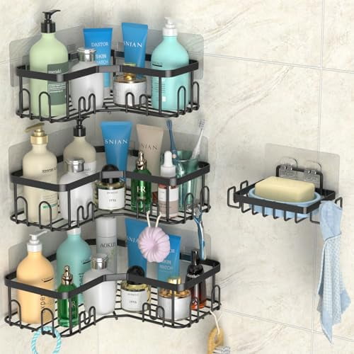 Sotfamily 4-Pack Adhesive Corner Shower Caddy – Black Shelves For Inside Shower Storage
