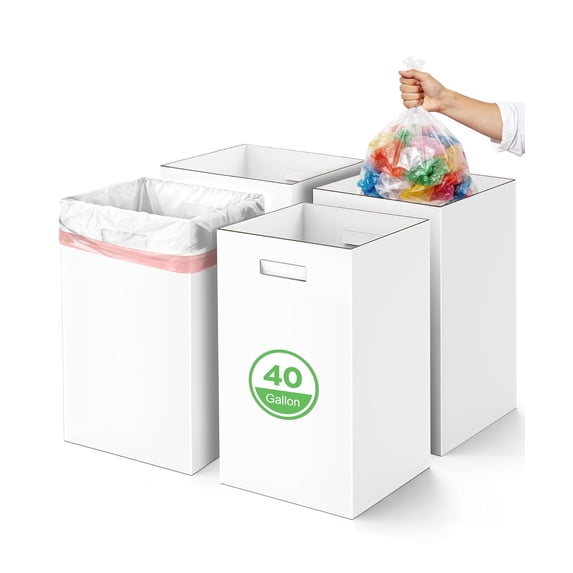 4 Pack Corrugated Cardboard Disposable Trash Cans for Parties, 40 Gallon Collapsible Garbage Cans with Handle, Thick Foldable Bins for Party Events Camping Beach(18.1" L x 18.1" W x 35.7" H), White