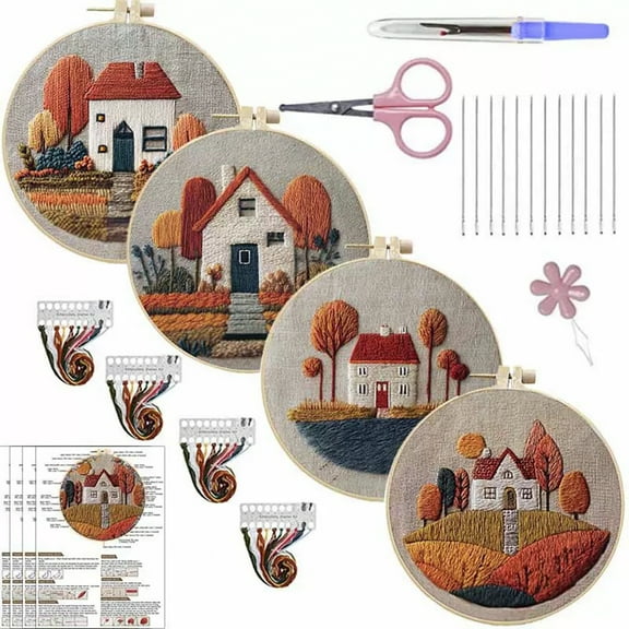 4 Pack Cottage House Embroidery Kits for Adults Beginners Cozy Country Home Needlepoint DIY Hoop Art Craft Set