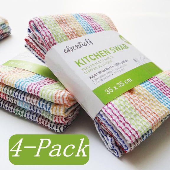 4-Pack Cotton Dishwashing Cloth Set, 13.4 x 13.4 Inch Kitchen Dishcloths for Washing, Wiping & Drying, Super Absorbent, Odorless, Reusable