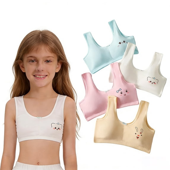 4 Pack Cotton Little Girls Training Bras for Teens with Removable Pads, Sports Bra for Kids 10-13 Tween Soft Breathable Daily Wear
