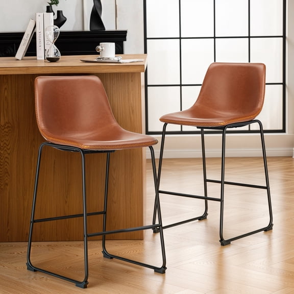 4-Pack Counter Height Bar Stools, Faux Leather Barstools with Back, 26 inch Seat Height Island Stools Countertop Brown Bar Chairs with Metal Legs