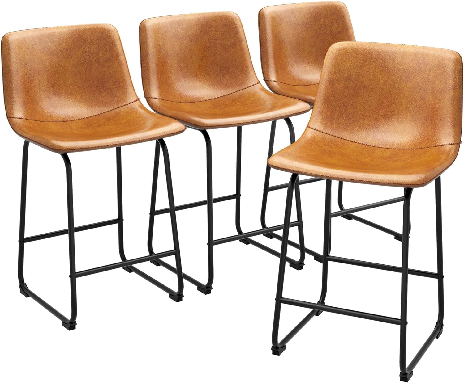 4-Pack Counter Height Bar Stools, Faux Leather Barstools with Back, 26 inch Seat Height Island Stools Countertop Brown Bar Chairs with Metal Legs