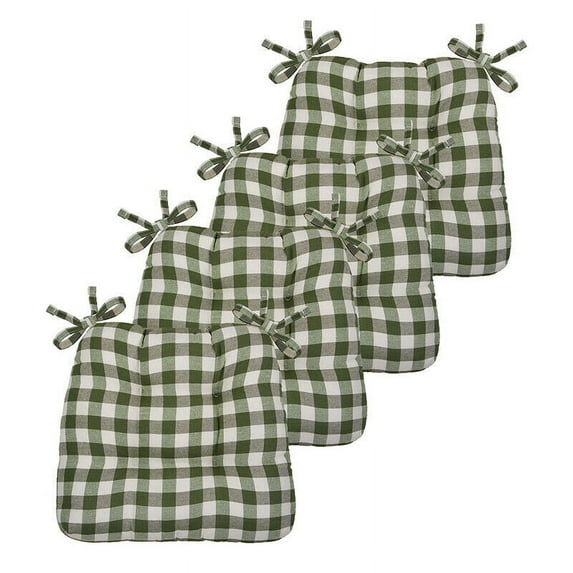 4 Pack Country Farmhouse Plush Buffalo Plaid Checkered Chair Cushion Pads With Tear Proof Ties - Sage Green/Beige