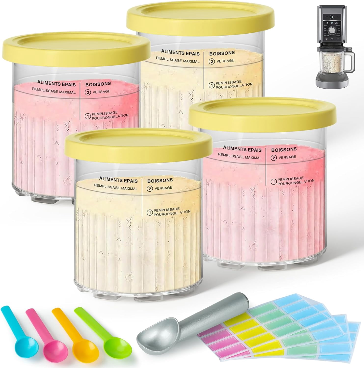 4 Pack Creami Deluxe Pints & Lids for Ninja, 24 Oz Compatible with NC500 NC501 Series Ice Cream Makers, with 5 Spoons & 64 Writable Labels, BPA-Free & Dishwasher Safe, Yellow
