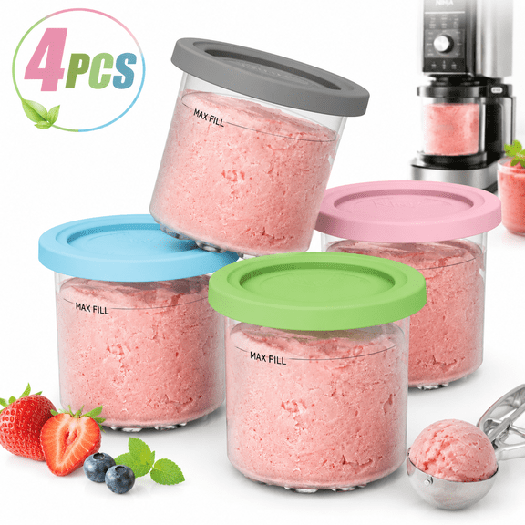 4 Pack,Creami Pints and Lids for Ninja, Creamy Icecream Containers Cups Jars Tubs Canisters Set, Smoothie Pot Compatible with NC299AMZ & NC300s Series Creamer Ice Cream Maker Machine Accessories