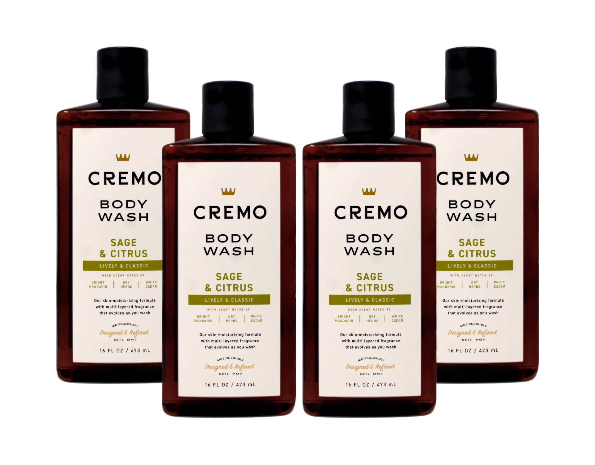 4 Pack - Cremo Body Wash for Men, Sage & Citrus – Bright Mandarin, Dry Herbs & White Cedar, 16 Fl Oz