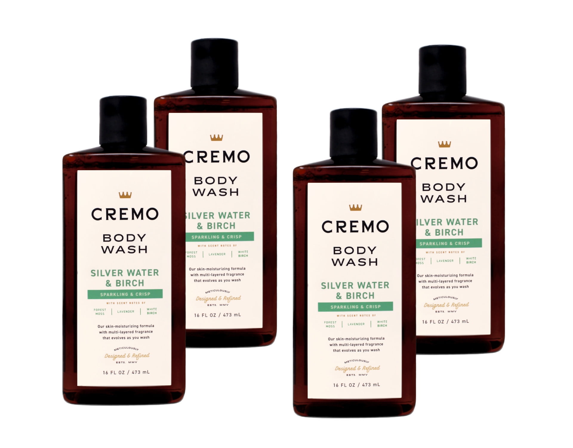 4 Pack - Cremo Body Wash for Men, Silver Water & Birch, Sparkling & Crisp, 16 Fl Oz