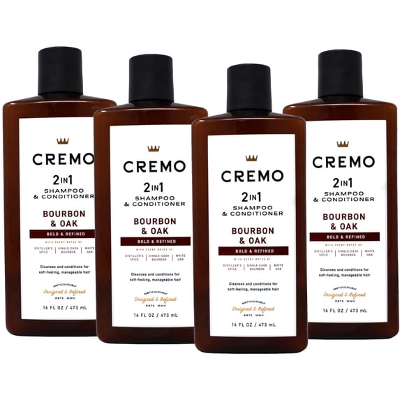4 Pack - Cremo Bourbon & Oak 2-in-1 Shampoo & Conditioner, Barber Grade Quality That Moisturizes and Cleanses All Hair Types, 16 Fluid Ounce