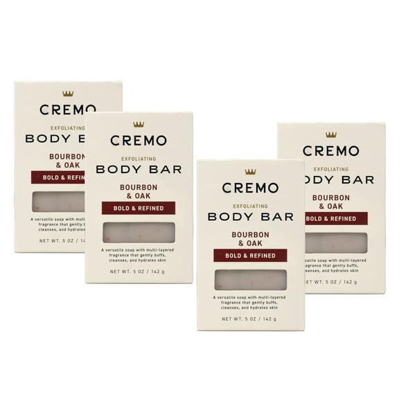 4 Pack - Cremo Exfoliating Body Bar for Men, Bourbon & Oak Scent, Multi-Layered Fragrance That Buffs, Cleanses and Hydrates Skin, 5 OZ