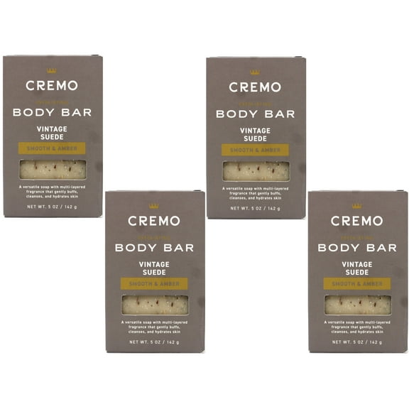 4 Pack - Cremo Vintage Suede Exfoliating Body Bar for Men, Multi-Layered Fragrance, Cleanses and Hydrates Skin, Smooth & Amber, 5 OZ