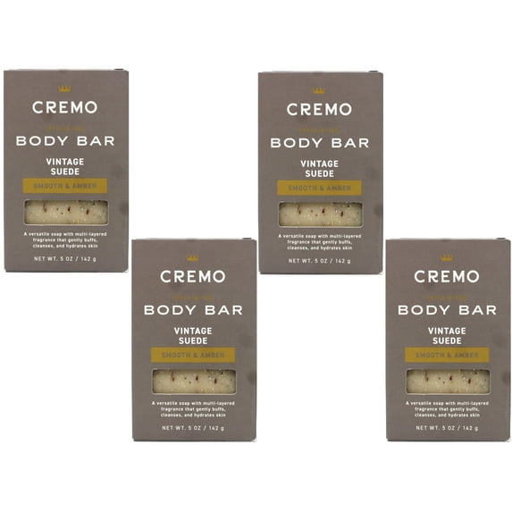 4 Pack - Cremo Vintage Suede Exfoliating Body Bar for Men, Multi-Layered Fragrance, Cleanses and Hydrates Skin, Smooth & Amber, 5 OZ