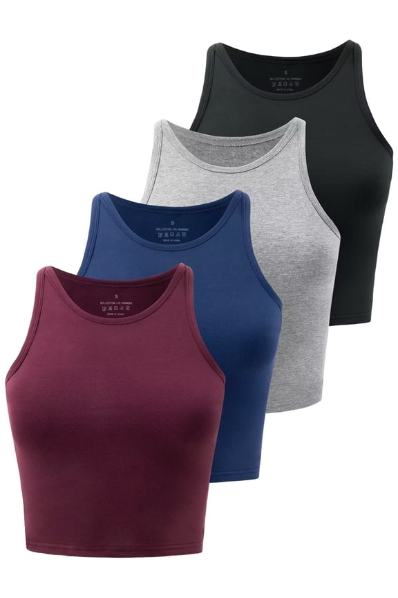 4 Pack Crop Tops for Women Workout Cropped Tank Top High Neck Camisole Yoga Shirts Athletic Undershirts Black Grey Navy Winered M