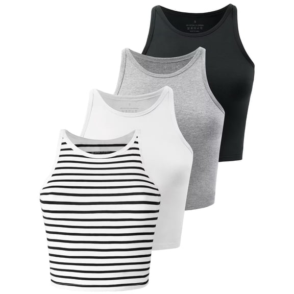 4 Pack Crop Tops for Women Workout Cropped Tank Top High Neck Camisole Yoga Shirts Athletic Undershirts Black White Grey Stripe L