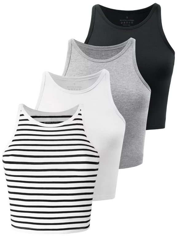 4 Pack Crop Tops for Women Workout Cropped Tank Top High Neck Camisole Yoga Shirts Athletic Undershirts Black White Grey Stripe L